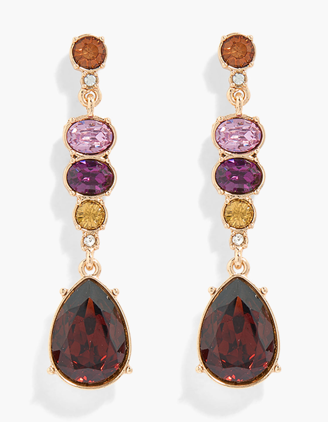 Showcasing gold multicoloured cubic zirconia layered drop earrings front view