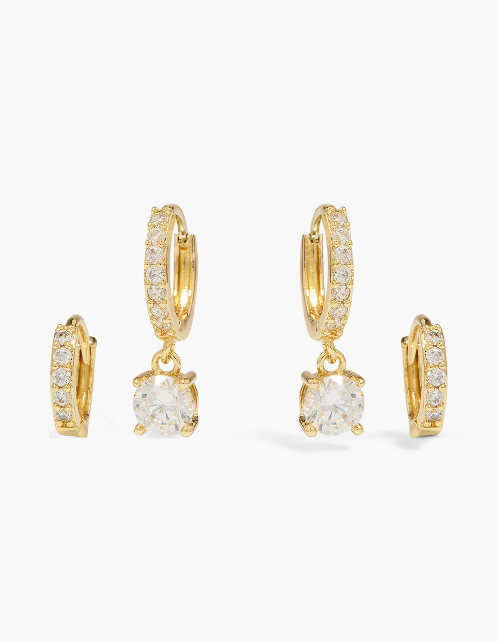 Showcasing gold plated cubic zirconia round huggie earrings in a 2-pack with crystal detail front view