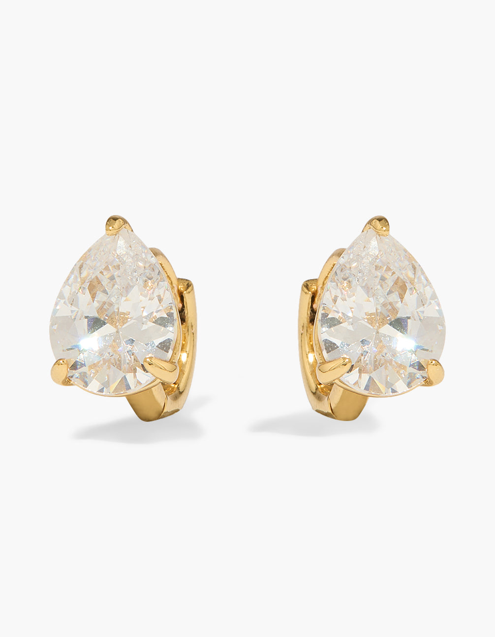 Featuring dainty gold plated pear cut cubic zirconia huggie hoop earrings in clear front view