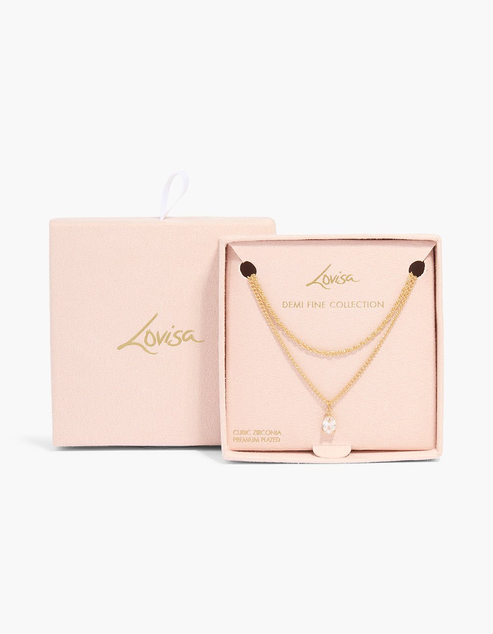 Showcasing a gold plated oval cubic zirconia and twisted chain necklaces 2-pack with pendant features close up view