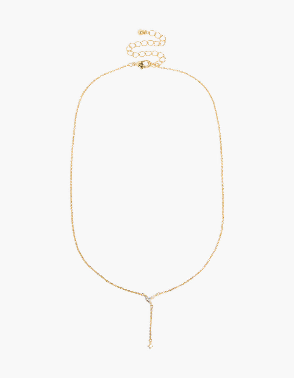 Elegant Y-necklace with gold plated chain and cubic zirconia pendant featuring clasp detail view