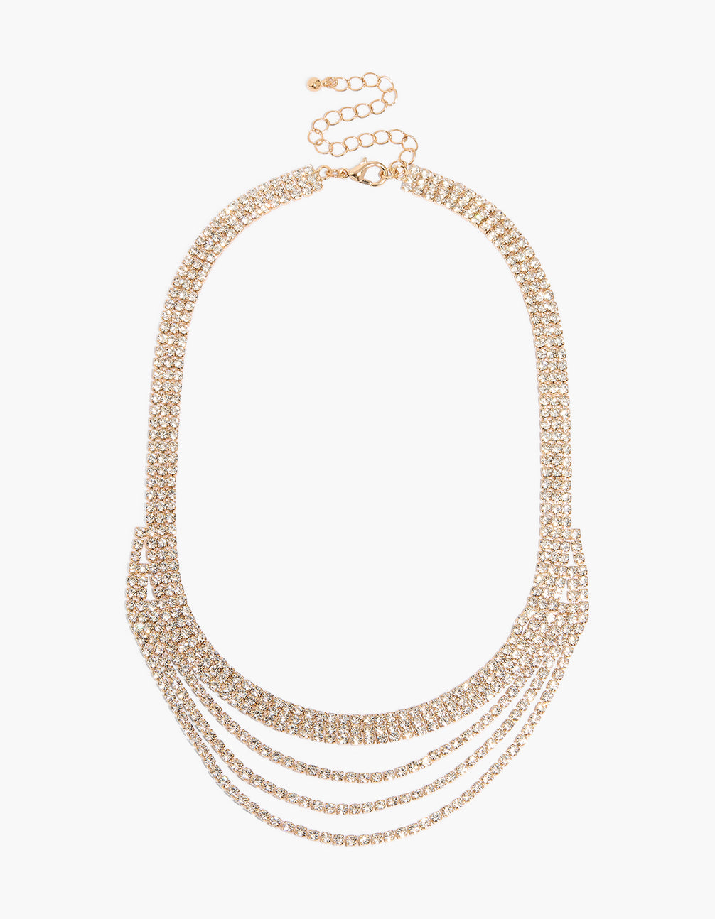 Crafted with diamante detailing, this gold triple layered choker necklace features statement design and adjustable clasp detail view