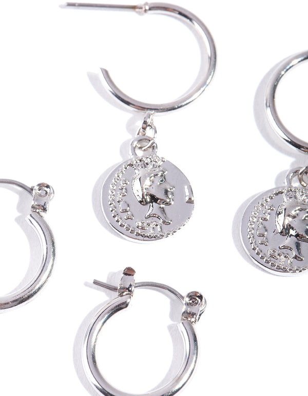 Silver Coin Charm Hoop Earring Pack