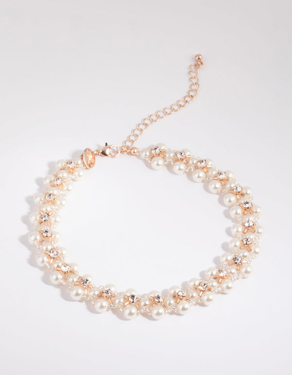 Rose Gold Diamante & Pearl Choker