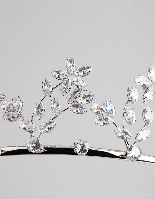 Rhodium Cubic Zirconia Draped Flower Tiara