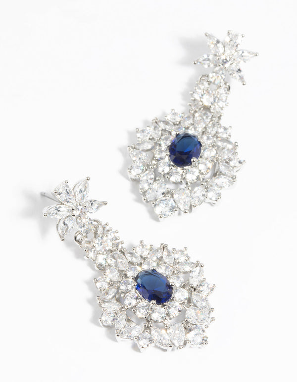 Rhodium Diamond Simulant Sapphire Drop Earrings