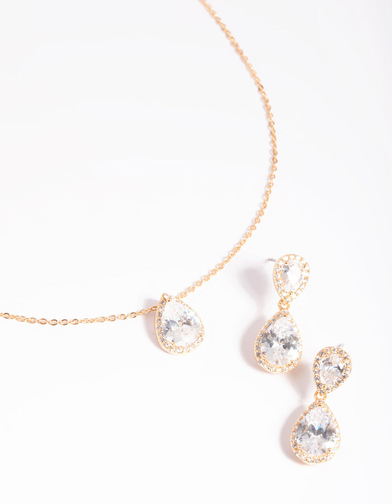 Gold Diamond Simulant Necklace & Earrings Set