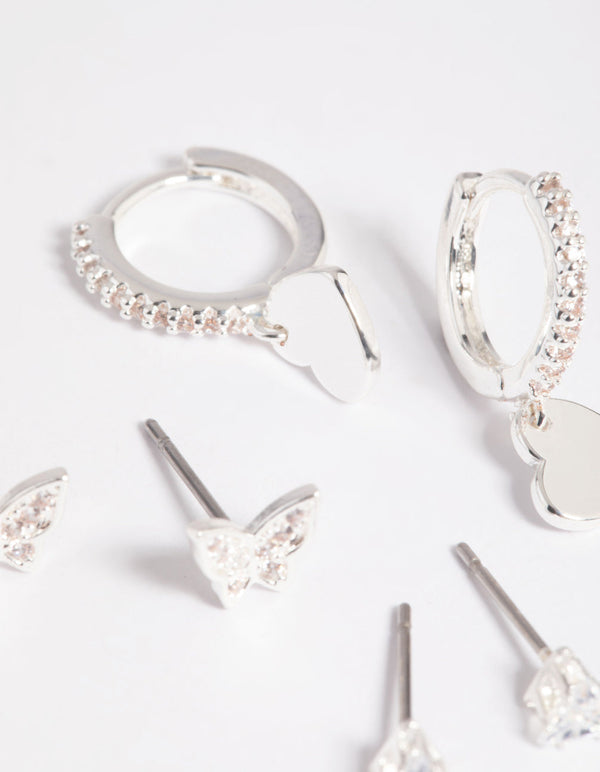 Silver Plated Brass Butterfly & Heart Earring Stack 6-Pack