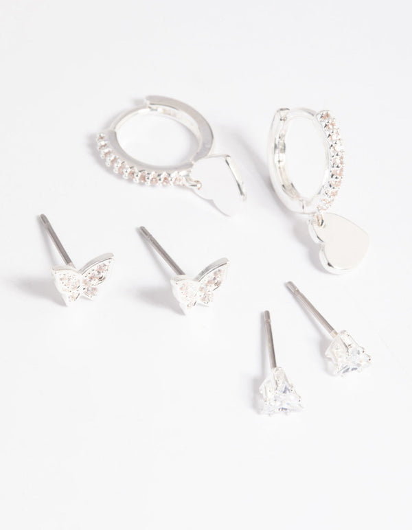 Silver Plated Brass Butterfly & Heart Earring Stack 6-Pack