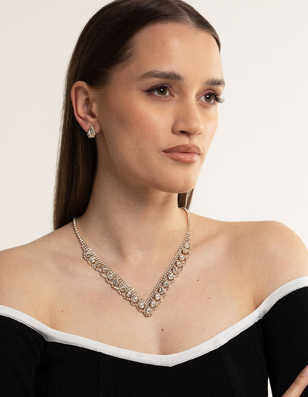 Gold Teardrop Cupchain Tassel Earring & Necklace Set