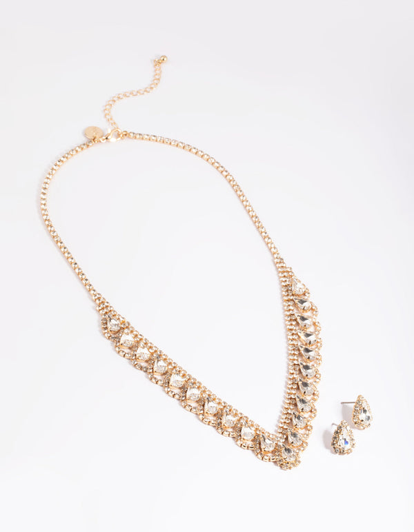 Gold Teardrop Cupchain Tassel Earring & Necklace Set