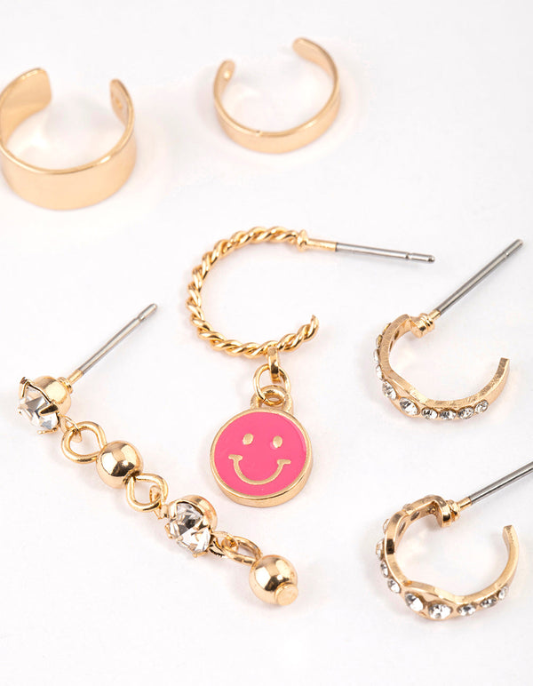 Gold Smiley Earrings 6-Pack