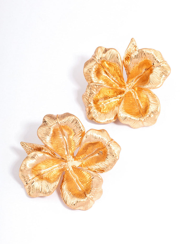 Worn Gold Statement Flower Stud Earrings