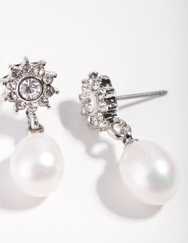 Rhodium Flower Pearl Drop Earrings