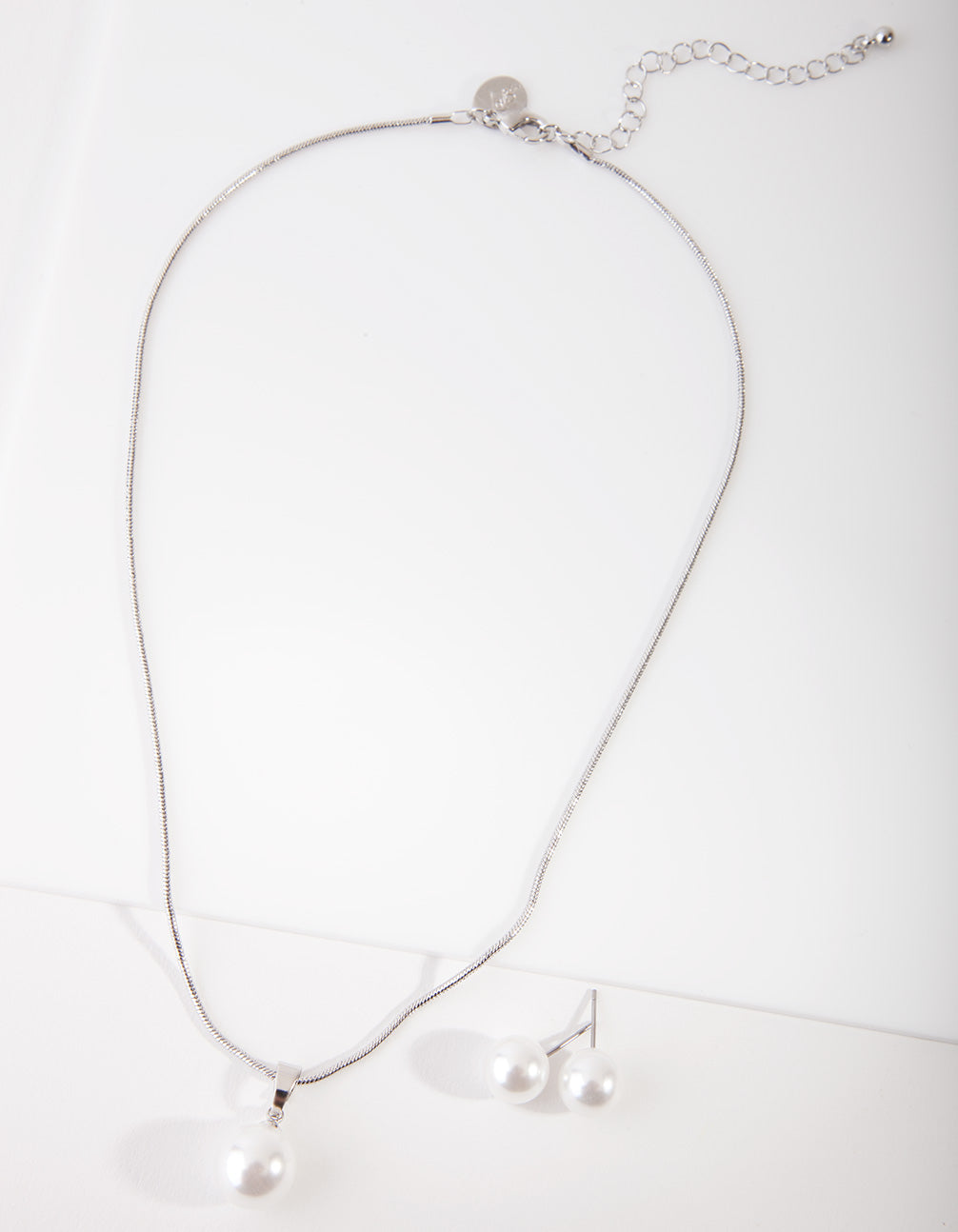 Silver Large Pearl Stud Necklace Earrings Set