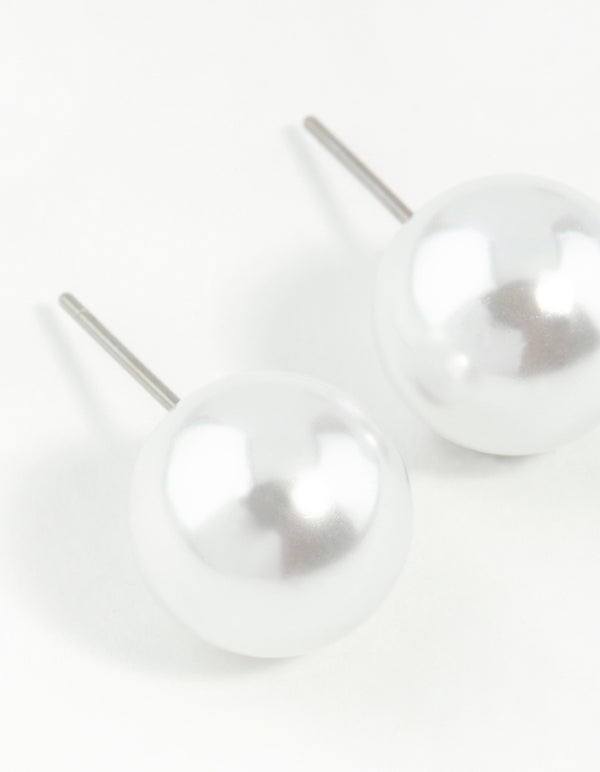 Silver Round Pearl Stud Earrings