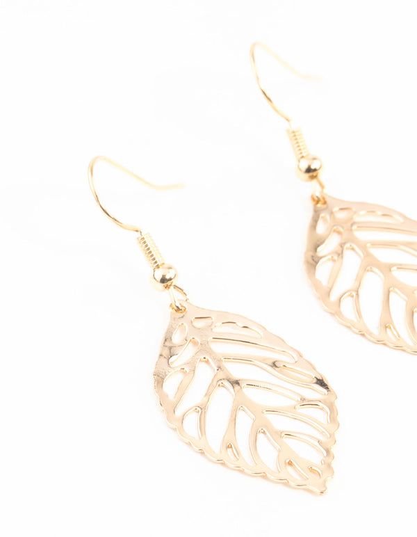 Gold Filigree Leaf Drop Earrings