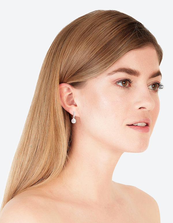 Sterling Silver Diamante Drop Pearl Earrings