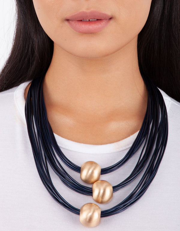 Midnight Navy Gold Ball Trio Necklace
