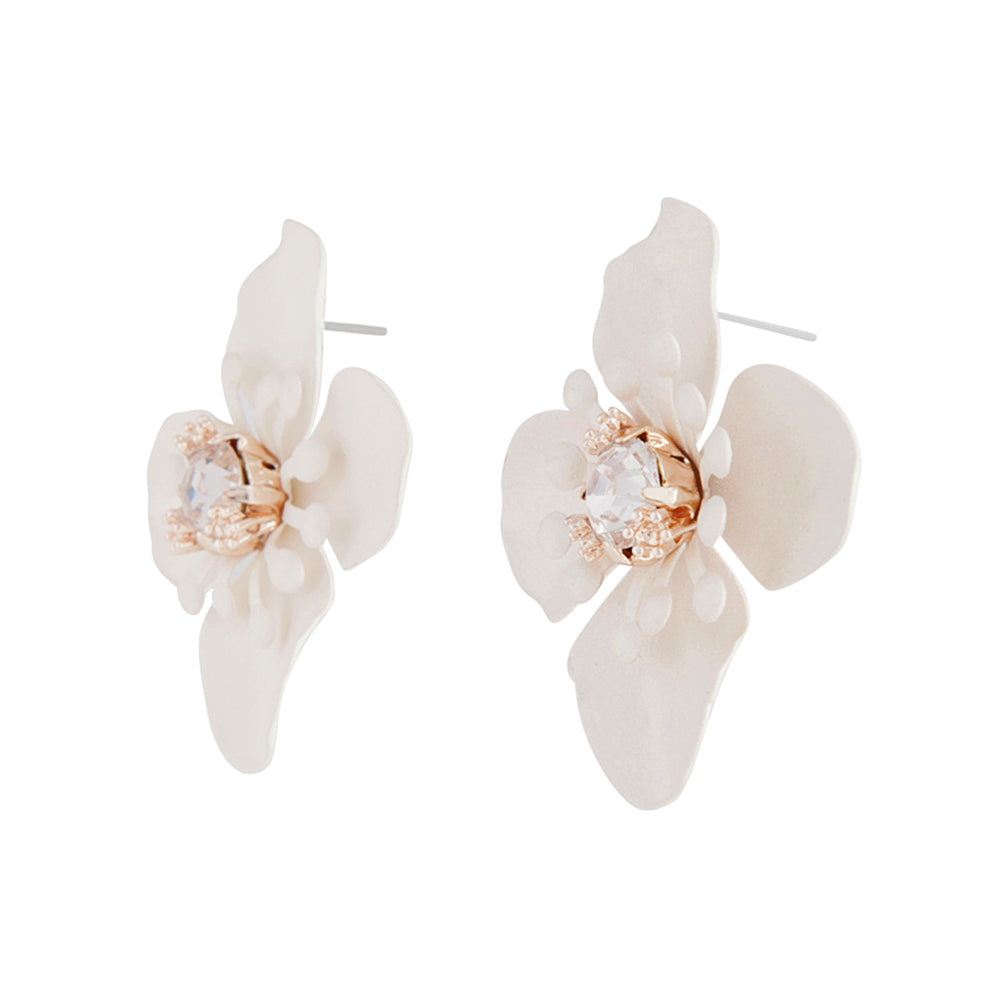 White Matte Metal Orchid Stud Earrings