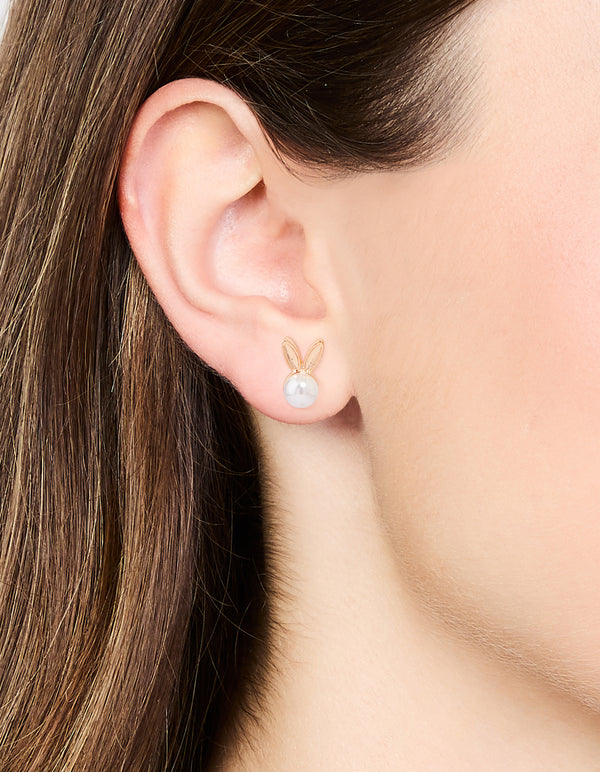 Gold & Pearl Bunny Stud Earrings