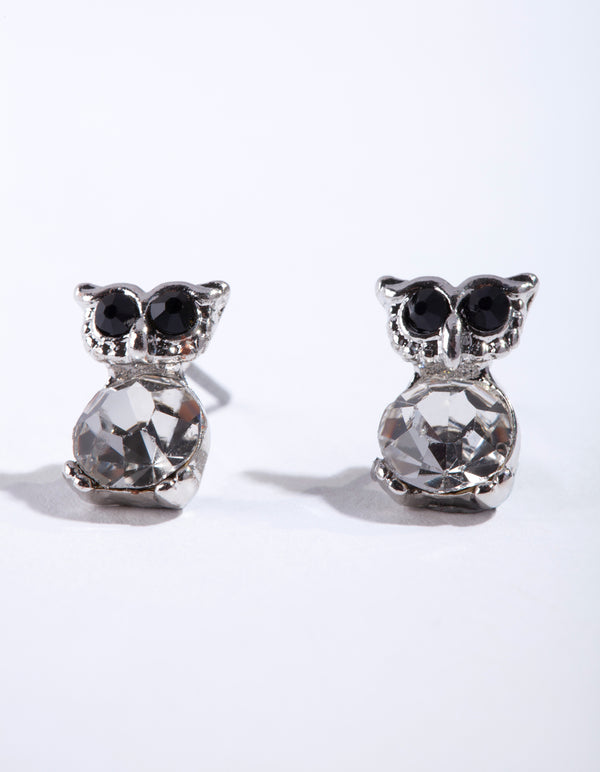 Rhodium Diamante Owl Stud Earrings