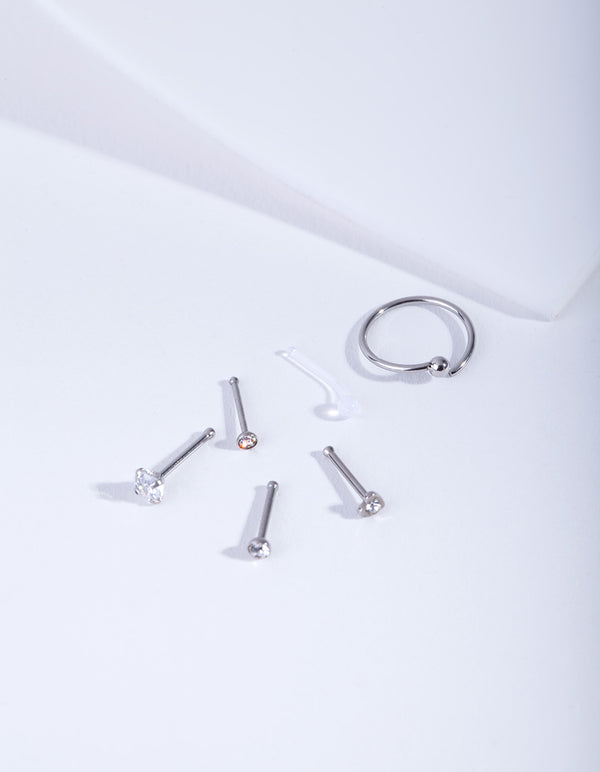 9PCS Surgical Steel CZ Nose Studs – L-Shaped Piercing Rings, 20G Clear Retainers, 316L