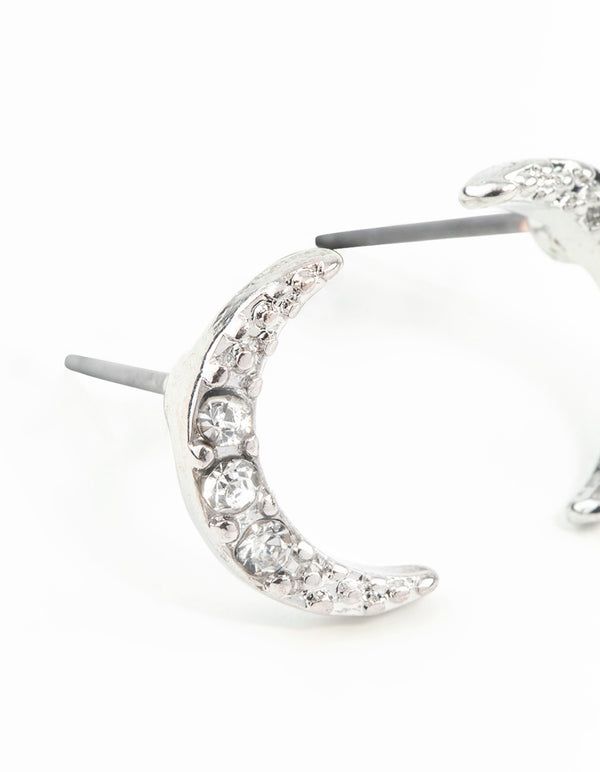 Silver Diamante Cresent Stud Earrings