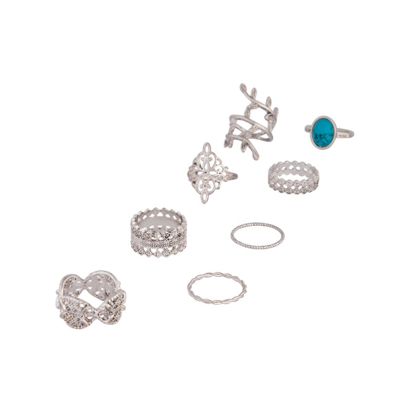 Antique Silver Ornate Leaf Blue Stone Ring 8-Pack