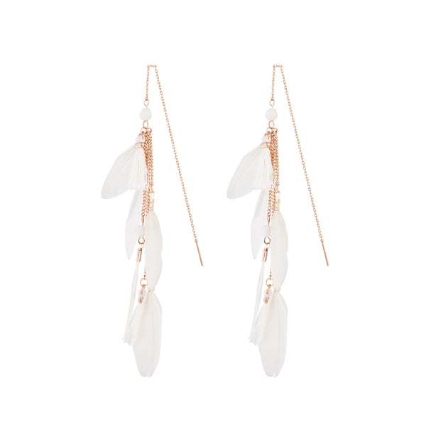 WHITE FTHR AND TASSEL THREAD THROUGH Earrings IN ROSEGOLD