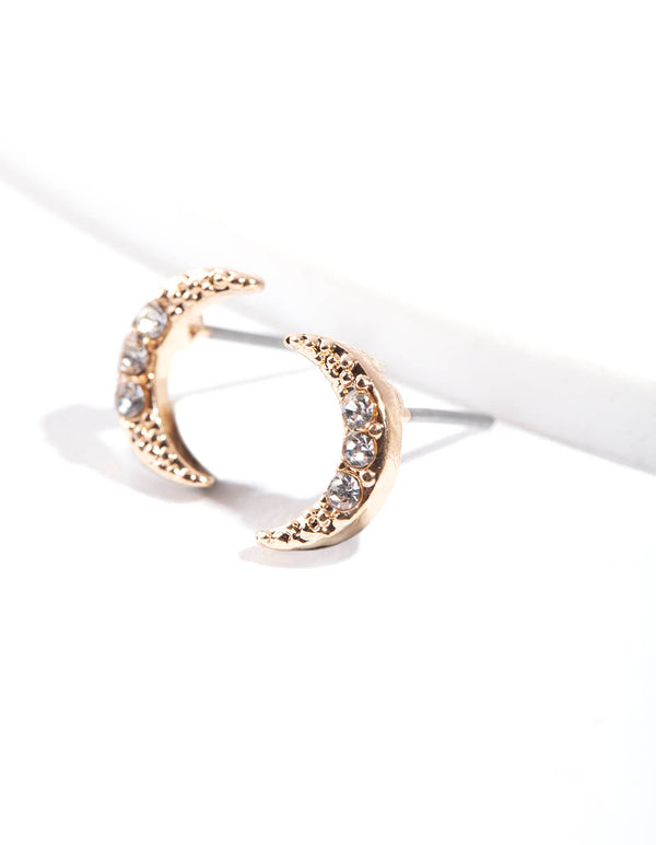 Gold Pave Diamante Crescent Moon Stud Earrings