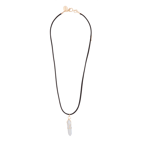 GOLD WIRE WRAPPED SEMI PRECIOUS PENDANT ON SUEDETTE CHAIN