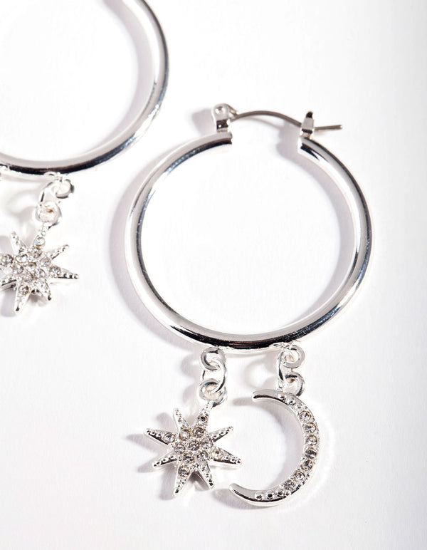Silver Celestial Charm Hoop Earrings
