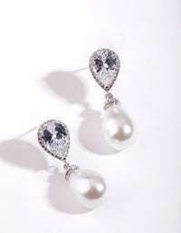 Rhodium Diamond Simulant Pearl Drop Earring - link has visual effect only