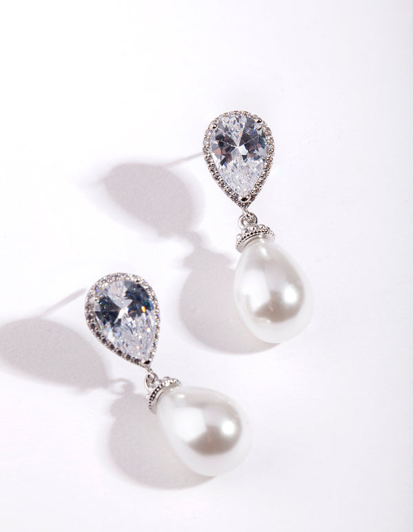 Silver Diamond Simulant Pearl Drop Earring