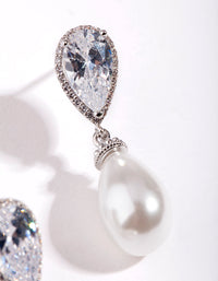 Rhodium Diamond Simulant Pearl Drop Earring - link has visual effect only