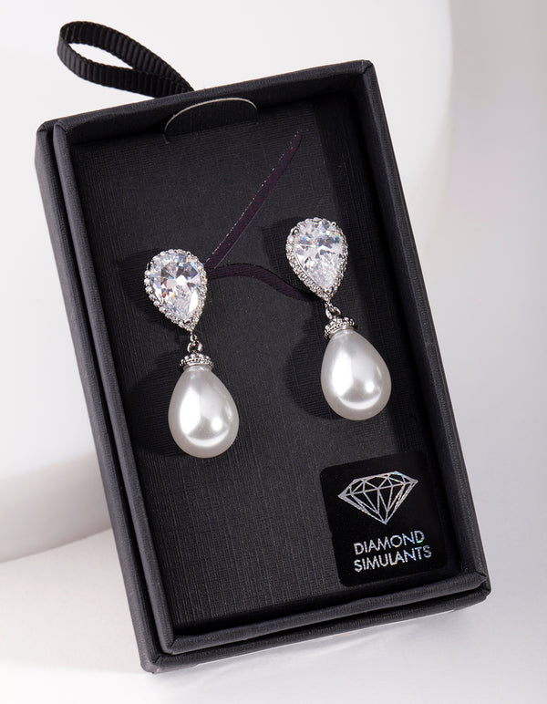 Rhodium Diamond Simulant Pearl Drop Earring