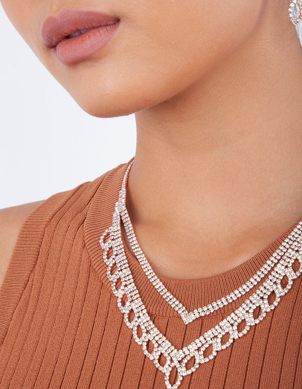 Rose Gold Diamante Earrings Necklace Leaf Set