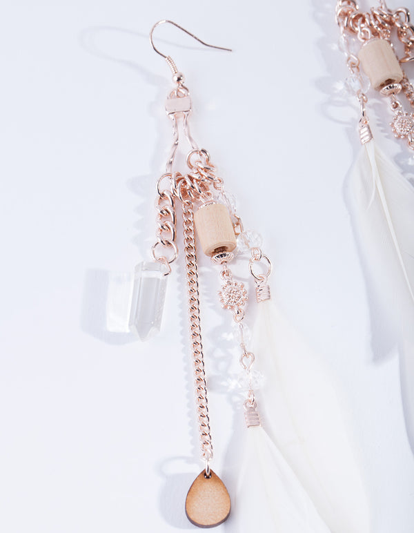 Rose Gold Feather Diamante Drop Earrings