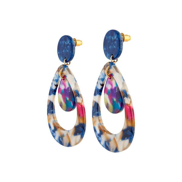 Double Teardrop Acrylic Earrings in Blue Multi
