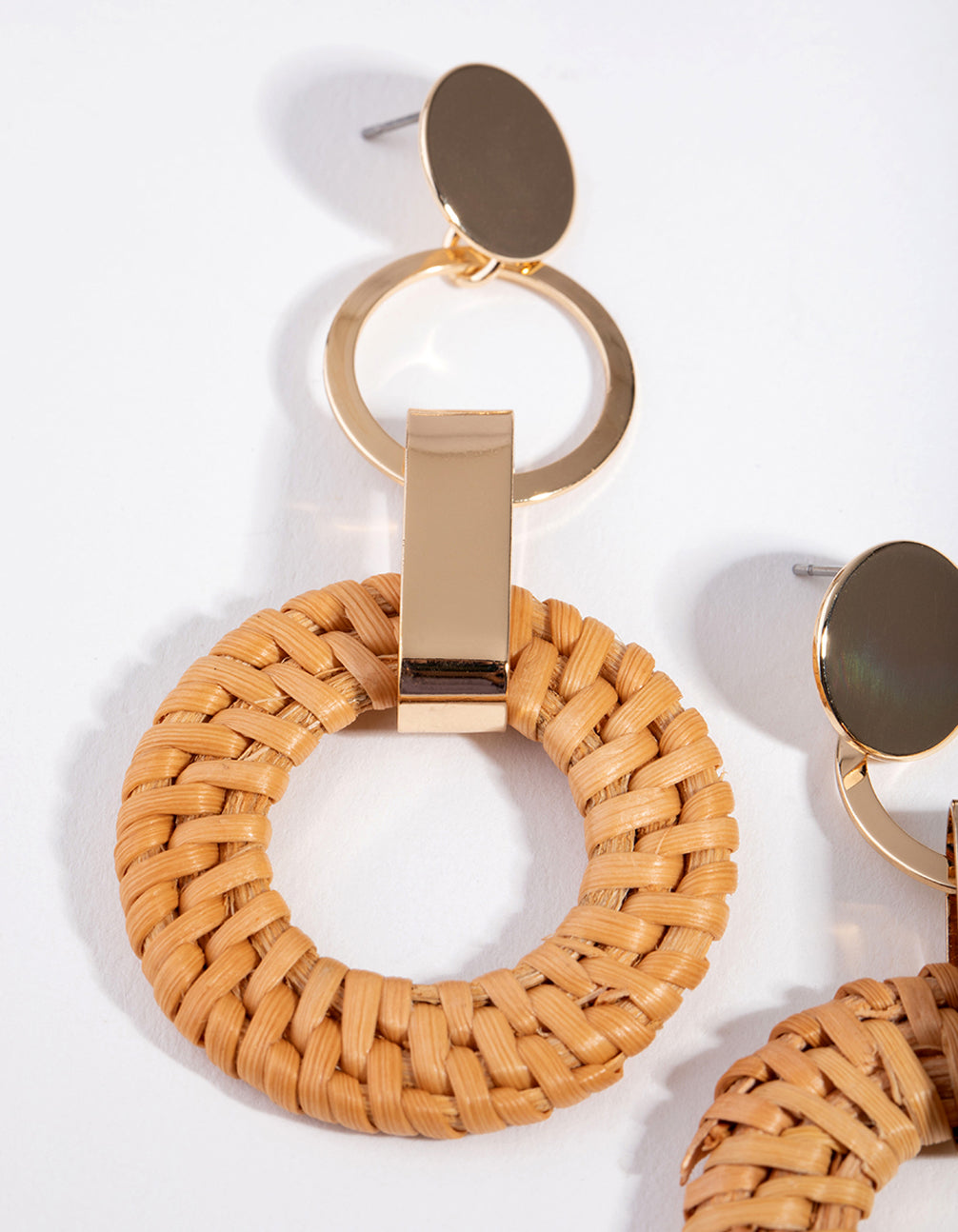 Gold Brown Raffia Circle Link Earrings