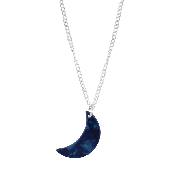 Silver Blue Acrylic Moon Charm Necklace