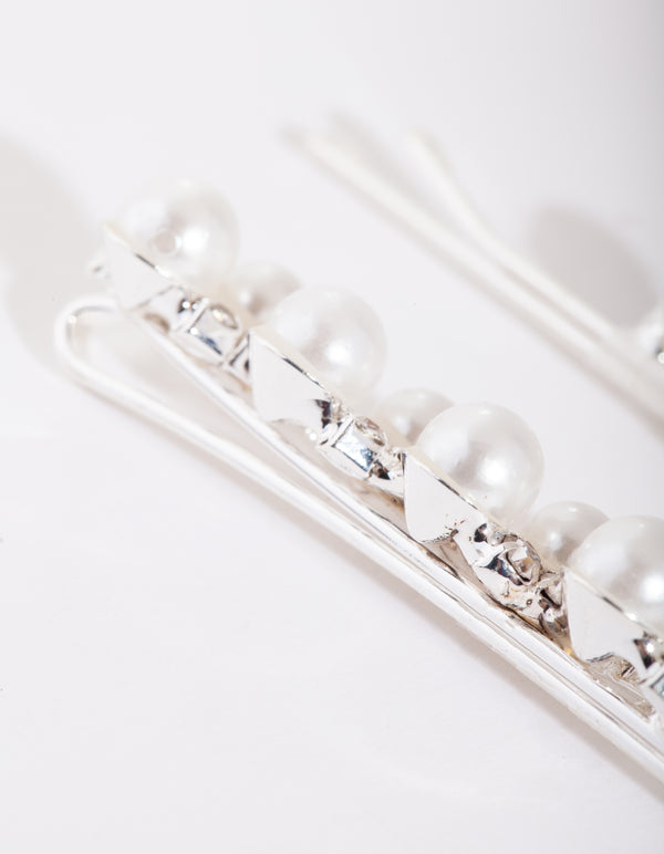 Pearl & Diamante Silver Zig Zag Hair Pin Pack