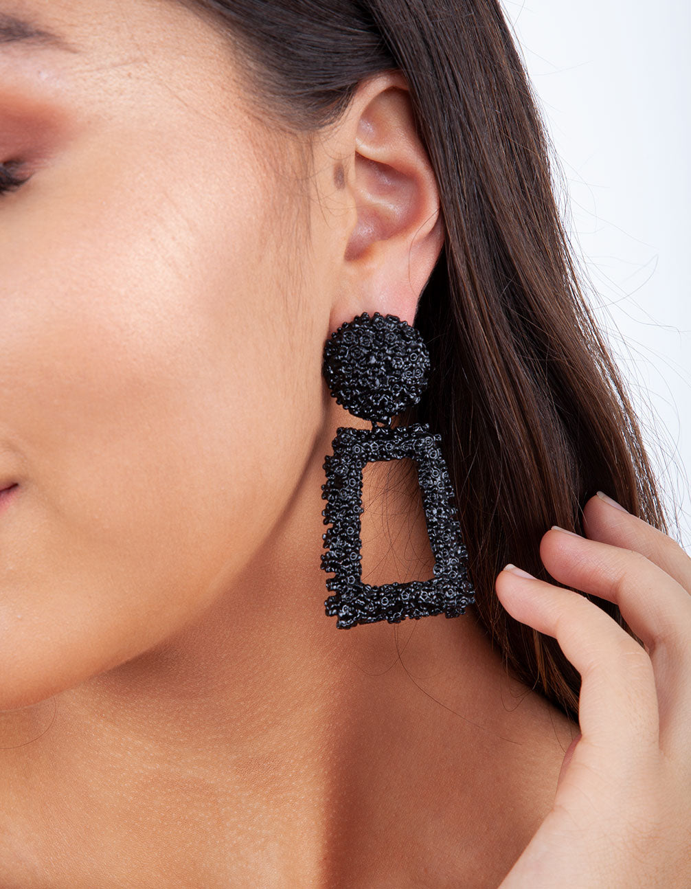 Black Textured Geometric Drop Earrings
