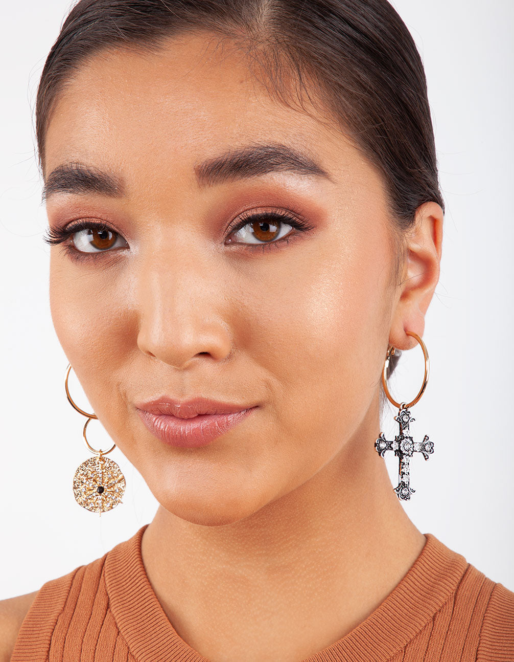Gold Sun and Cross Charm Hoop Earring
