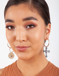 Gold Sun and Cross Charm Hoop Earring - link has visual effect only