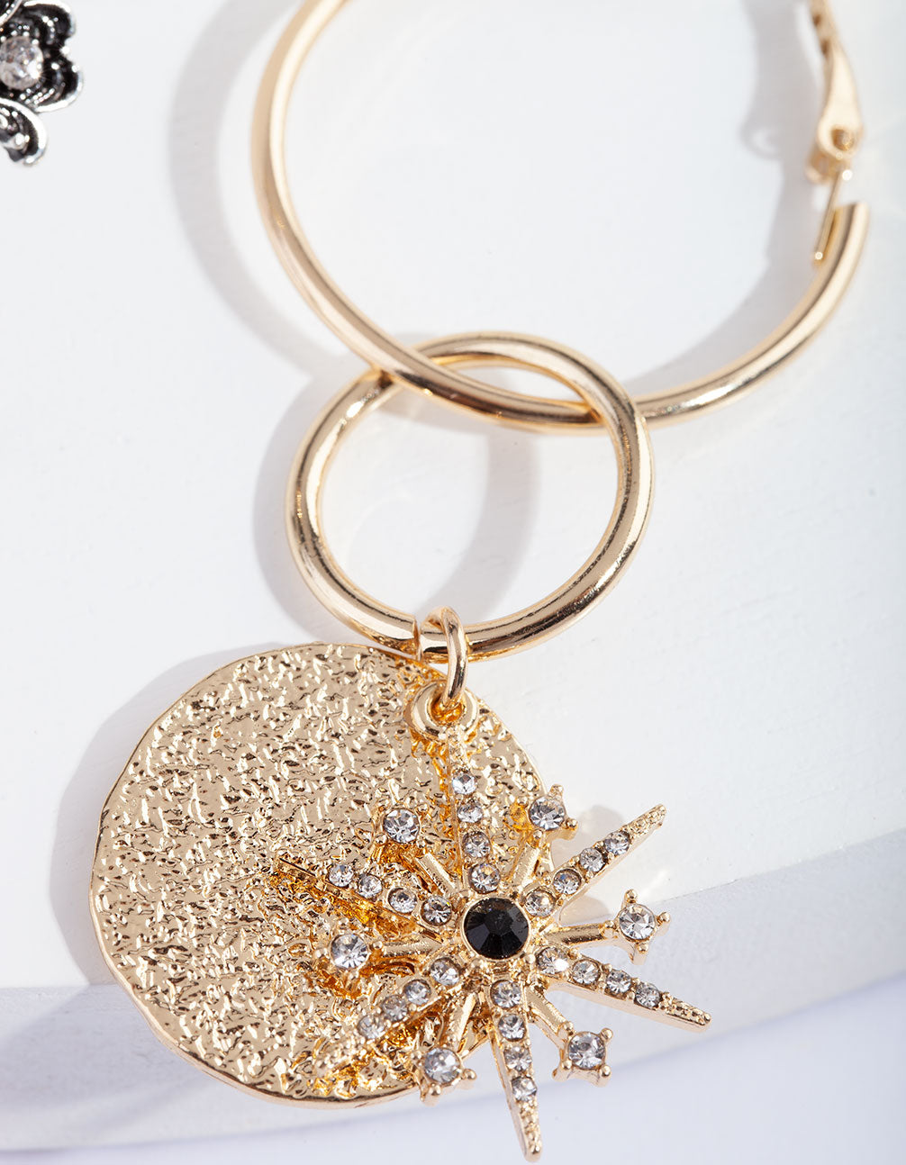Gold Sun and Cross Charm Hoop Earring