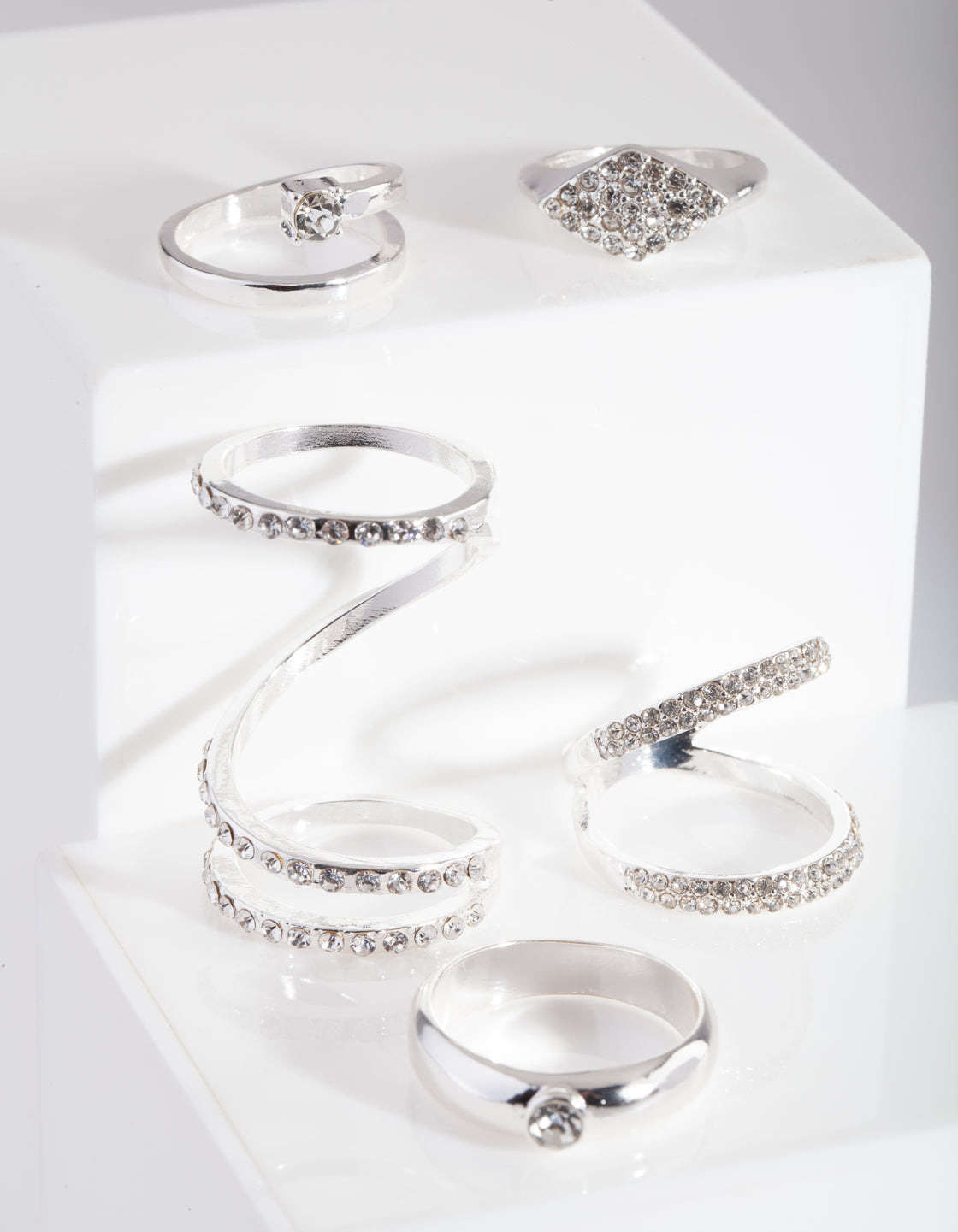 Diamante Swirl Silver Ring Pack