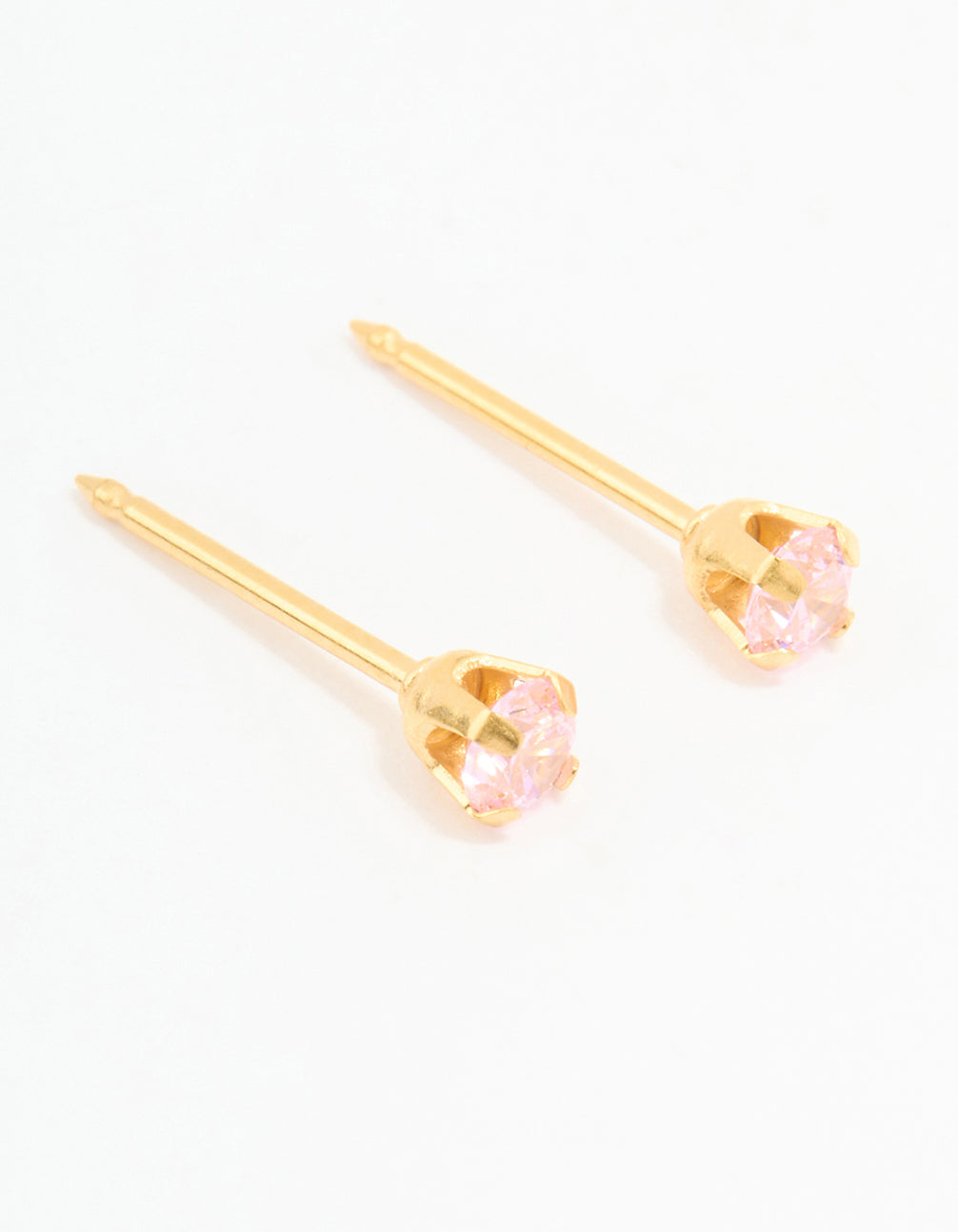Showcasing 24K gold plated surgical steel 3MM pink cubic zirconia piercing studs front view