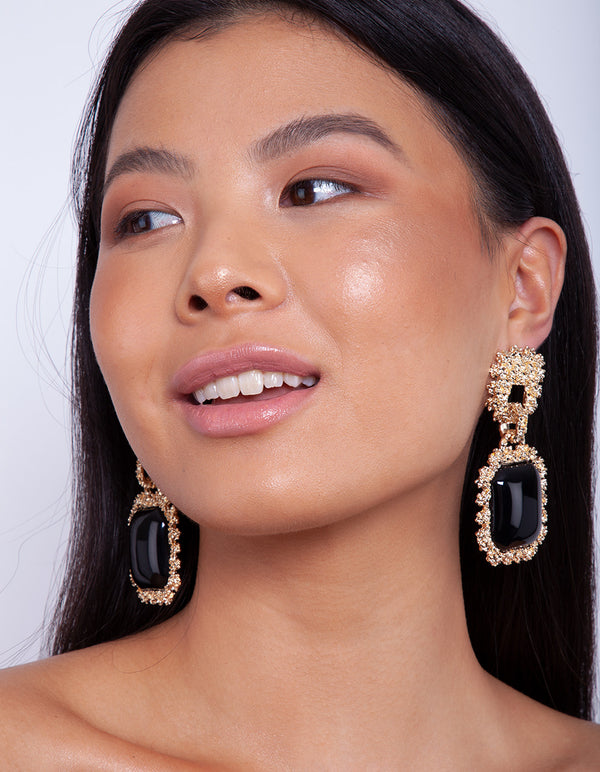 Gold Textured Black Enamel Drop Earrings